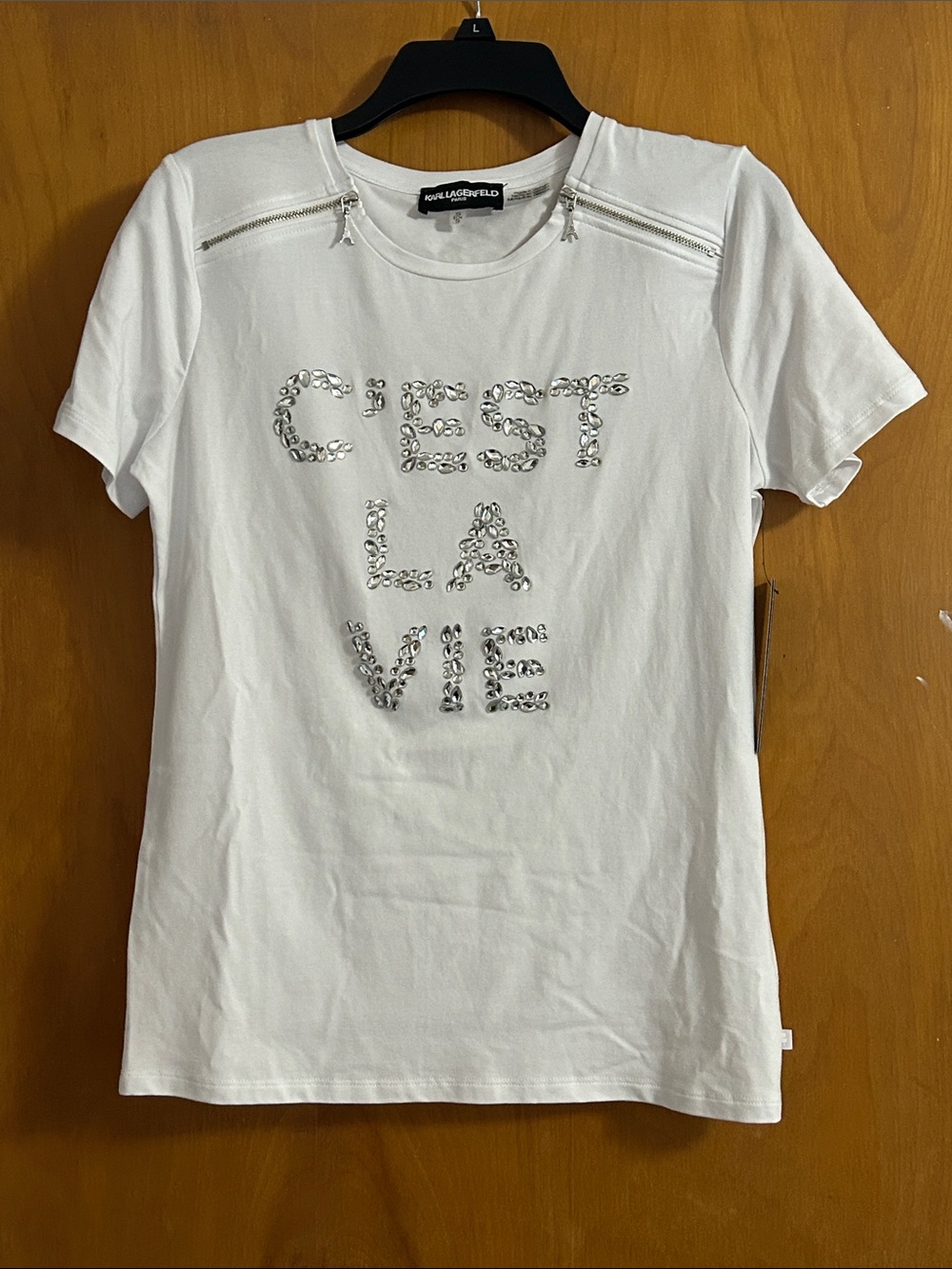 Karl Lagerfeld White Tee with Silver Embellished 'C'EST LA VIE'